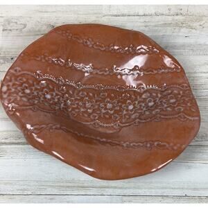Signed Studio Pottery Dish Terracotta Lace Embossed Glaze Vintage 2001 Handmade
